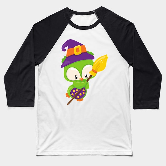 Halloween Owl, Cute Owl, Green Owl, Witch Broom Baseball T-Shirt by Jelena Dunčević